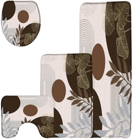 4 Pieces Brown Abstract Bathroom Rug Sets Boho Mid Century Morden