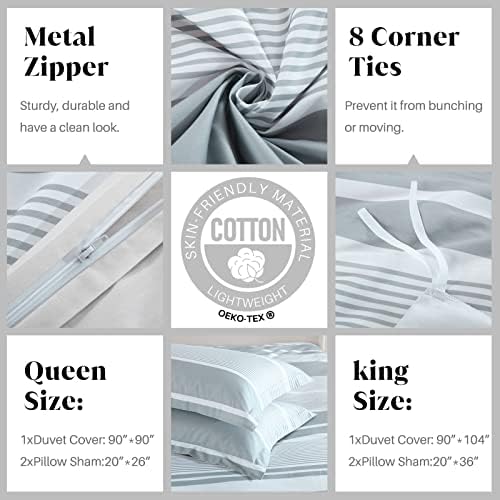 CozyDH Grey White Duvet Cover Set King Size, Modern Striped, 100%