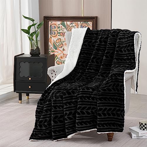 Exclusivo Mezcla Sherpa Fleece Throw Blanket, 50x70 Inch, Dark Black