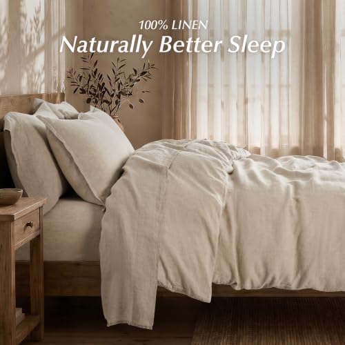 EverGrace 100% European Flax Linen Duvet Cover Set, King, Natural