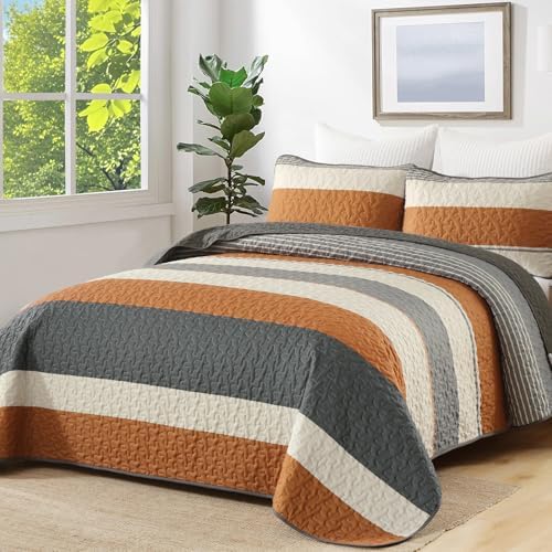 Dinjoy King Boho Striped Quilt Set, Orange Lightweight Bedspread