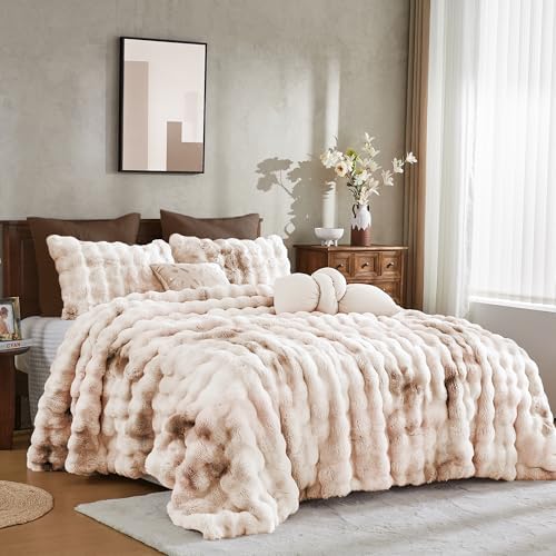 Wonderful - 3 Pieces Faux Rabbit Fur Comforter Set King Size, Beige