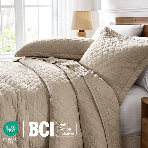 WDCOZY 100% Cotton Quilt Set, Pre-Washed, Cal King, Beige, 3 Pieces