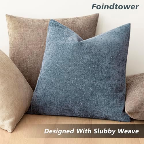 Foindtower Solid Textured Chenille Throw Pillow Covers 22x22 Inch,Blue