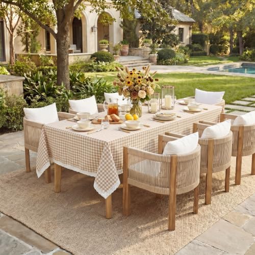 Moukeren 52 x 70 Inch Taupe and White Gingham Tablecloth with Lace