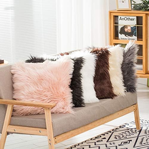 HYSEAS Set of 2 Decorative Faux Fur Throw Pillow Covers, Black Fluffy