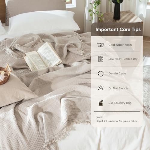 MooMee 100% Cotton Muslin Blanket Fringed 4-Layer Gauze Bed Throw