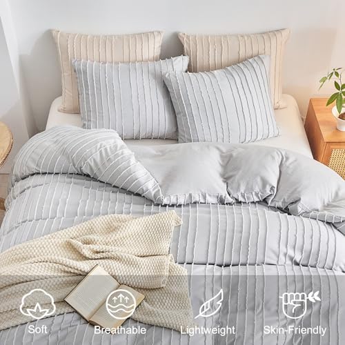 WARMDERN Lightgrey Boho Duvet Cover Full Size, Striped Tufted Bedding
