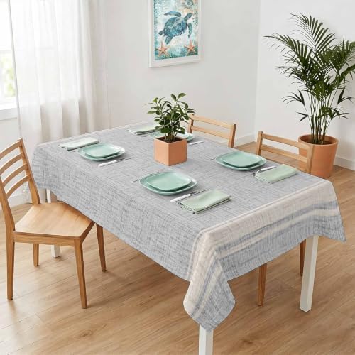 Woven Fabric Table Cloth, Rustic Vintage White Stripe Light Gray Linen