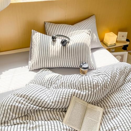 Washed Cotton Duvet Cover Set, Simple Striped Cotton Bedding 4 Pieces