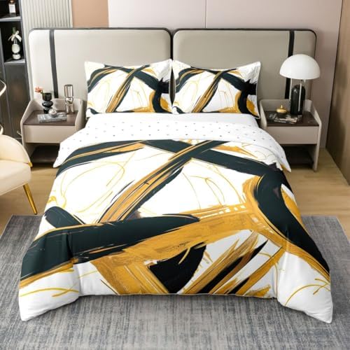 Feelyou Black Beige Gold Duvet Cover 100% Cotton Twin Size Abstract