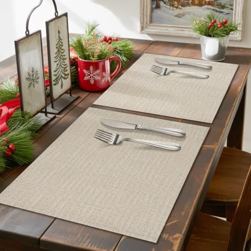 Beige Solid Color Placemats Set of 4, Cotton Linen Fabric Place Mats