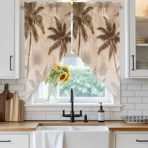 Brown Palm Trees Swag Valance Curtains Vintage Gray Palm Fronds