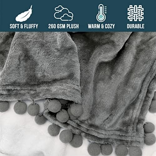 PAVILIA Fleece Throw Blanket for Couch with Pom Pom Fringe, Dark Grey