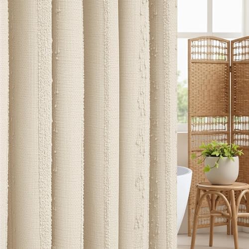 White Shower Curtain Boho, Textured Shower Curtain Cotton Blend Waffle