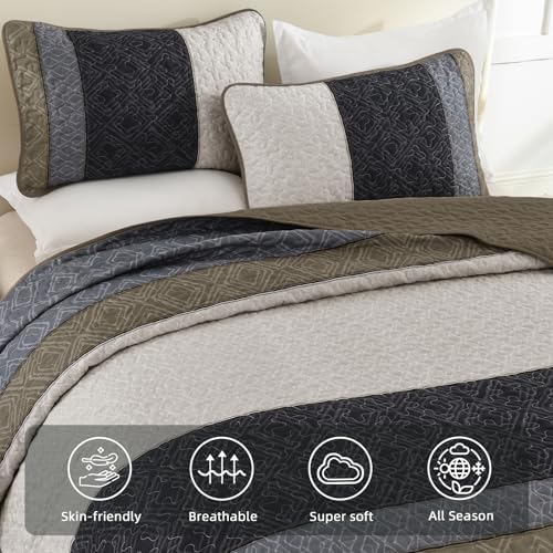 Cottolester Boho Quilt Set King,Black Taupe Striped Plaid Coverlet Set