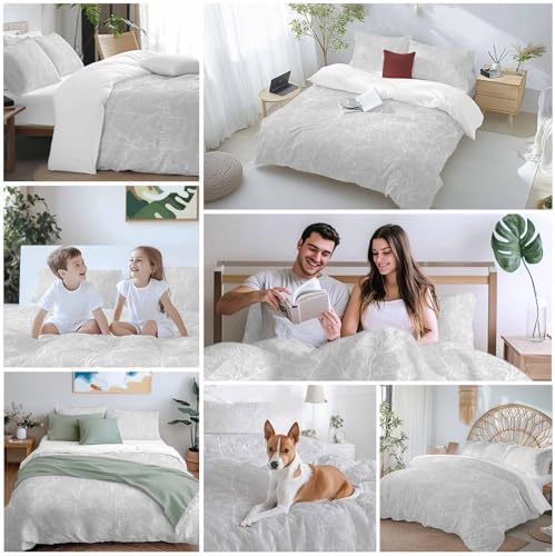 3 Piece Light Grey Botanical Duvet Cover Set Full Size, Microfiber
