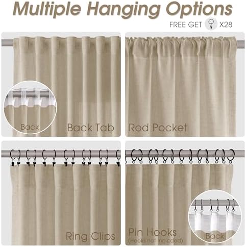 Nanspring Linen Curtains 96 Inch Long for Bedroom Hook Belt Taupe