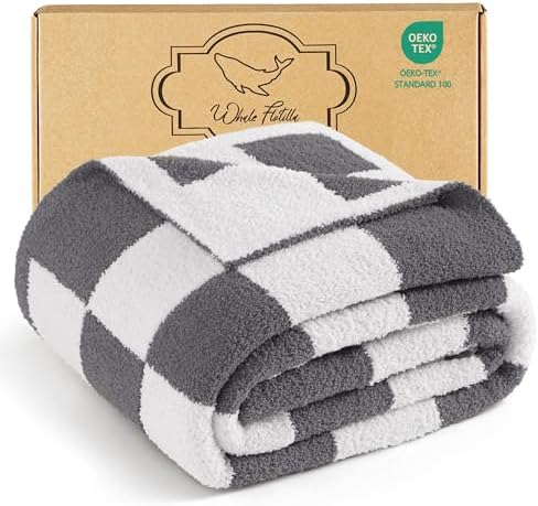 Whale Flotilla Checkered Knit Throw Blanket for Couch Bed Sofa, Grey