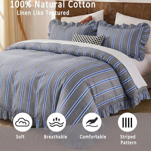 Merryword Blue and Gray Striped Duvet Cover Set King Size, 100% Cotton