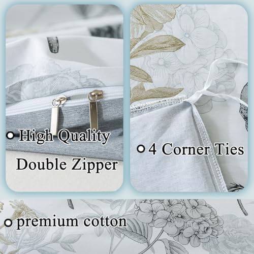 FADFAY Floral Duvet Cover Sets Queen Size 100% Cotton Ink Grey Vintage