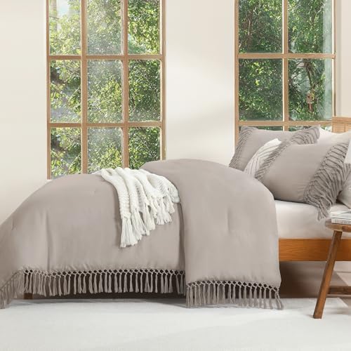 Andency Heather Grey Comforter Set Cal King, 3 Pieces Boho Tassel