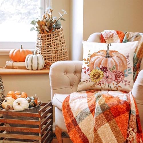 Fall Outdoor Throw Pillow Covers 20x20 Set of 4 Pumpkin Thanksgiving
