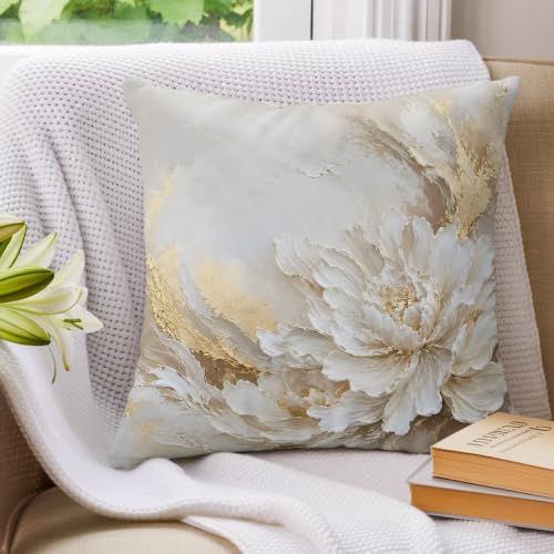 White Floral 20x20 Pillow Covers Set of 2, Modern Abstact Oil Painting