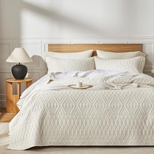 akkialla King/Cal King Quilt Set, Boho Style in a Solid Color, Cream