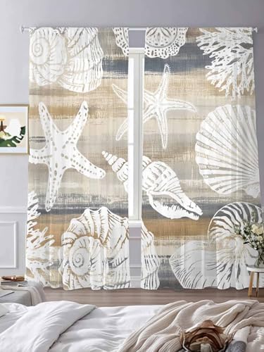 Beige Grey Coastal Semi Sheer Curtains 108 inch length 2 panels set