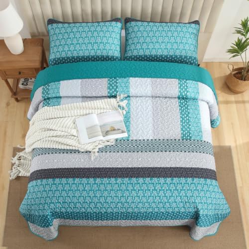 WONGS BEDDING Teal Blue Queen Size Quilt Set, Boho Striped Bedspread