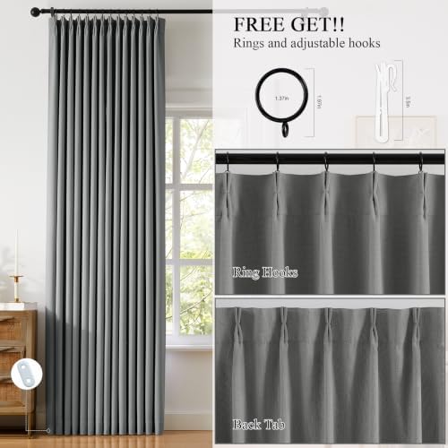 Dark Grey Linen Pinch Pleat 84 Inch Black out Curtains 2 Layer Drapes