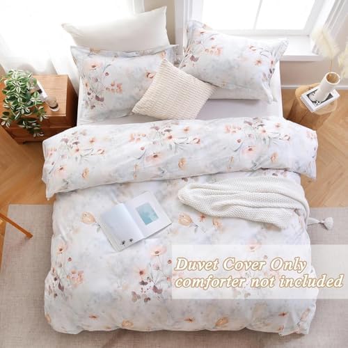 Floral Foliage Queen Duvet Cover Light Gray 3D Bedding Set with Zipper