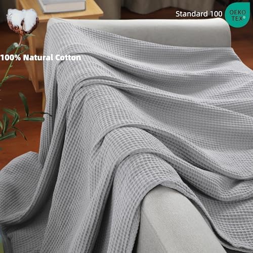 100% Cotton Waffle Blanket for Bed King Size, Light Grey