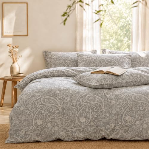 Linen Cotton Duvet Cover Set King Size, Grey Paisley Bedding Set