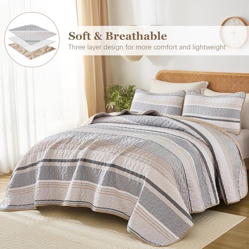 Dintszyayue Quilt King Size Khaki Grey, 3 Pcs Boho Striped Bedspread