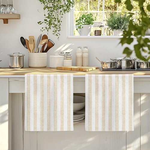 Beige Striped Kitchen Towels Set of 3, Absorbent Dish Towels for