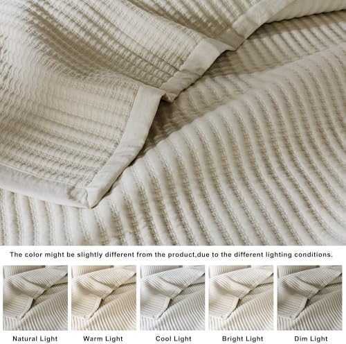 WDCOZY Beige King Size Quilt Set, Striped Pick Stitch Bedspread