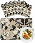 Placemats Set of 6 Vintage Beige Flower Black Leaf Heat-Proof