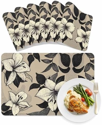 Placemats Set of 6 Vintage Beige Flower Black Leaf Heat-Proof