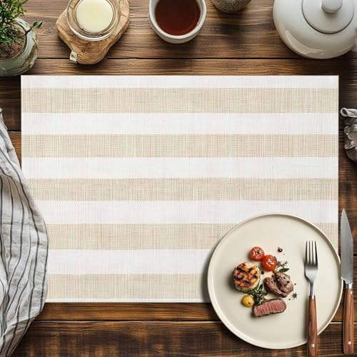 Placemats Set of 6, Beige Stripe Cotton Linen Place Mats, Vintage