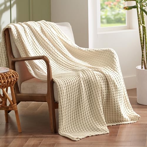 Bedsure Cooling Cotton Waffle Weave Blanket - Lightweight Breathable