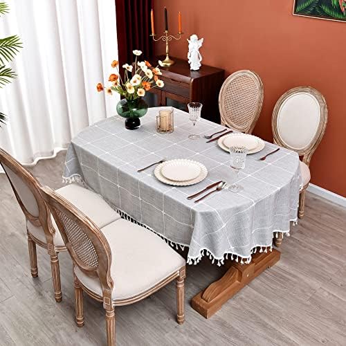 Plaid Farmhouse Gray Oval Tablecloth Cotton Linen Heavy Weight