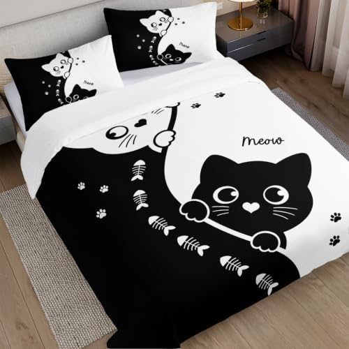 AILONEN Playful Cats Duvet Cover Set King, Black White Fishbone