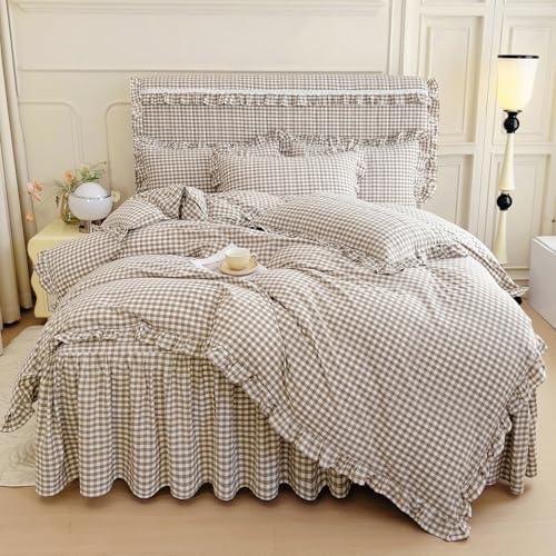 mixinni Tan Gingham Ruffle Duvet Cover Twin XL Size 3 Pieces – 100%