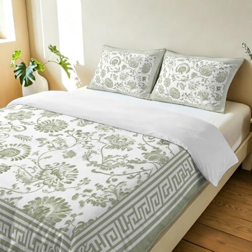 3 Pieces Bedding Set Queen Size, Sage Green Floral Soft Duvet Covers