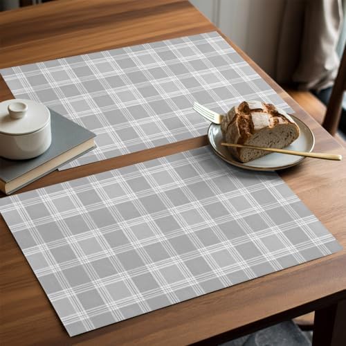 Gray Grid Placemats Set of 8, Minimalist Slate Grey Plaid Stripes