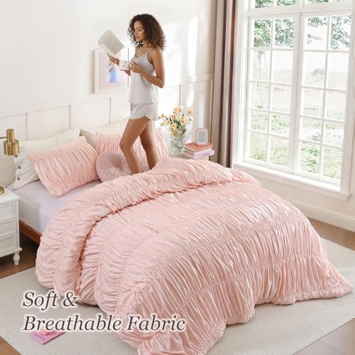 weigelia Blush Pink Ruched Comforter Set Queen Size, Cute Girls