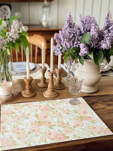 Beige Flowers Placemats for Dining Table Set of 4, Farmhouse Botanical
