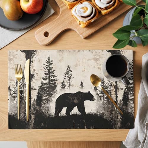 Placemats Set of 8, Black Beige Rustic Bear Woven Placemat, Linen